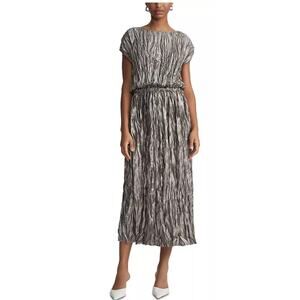 LAFAYETTE 148 WOMENS SMALL PLISSE GATHERED WAIST MIDI DRESS PEWTER METALLIC NEW